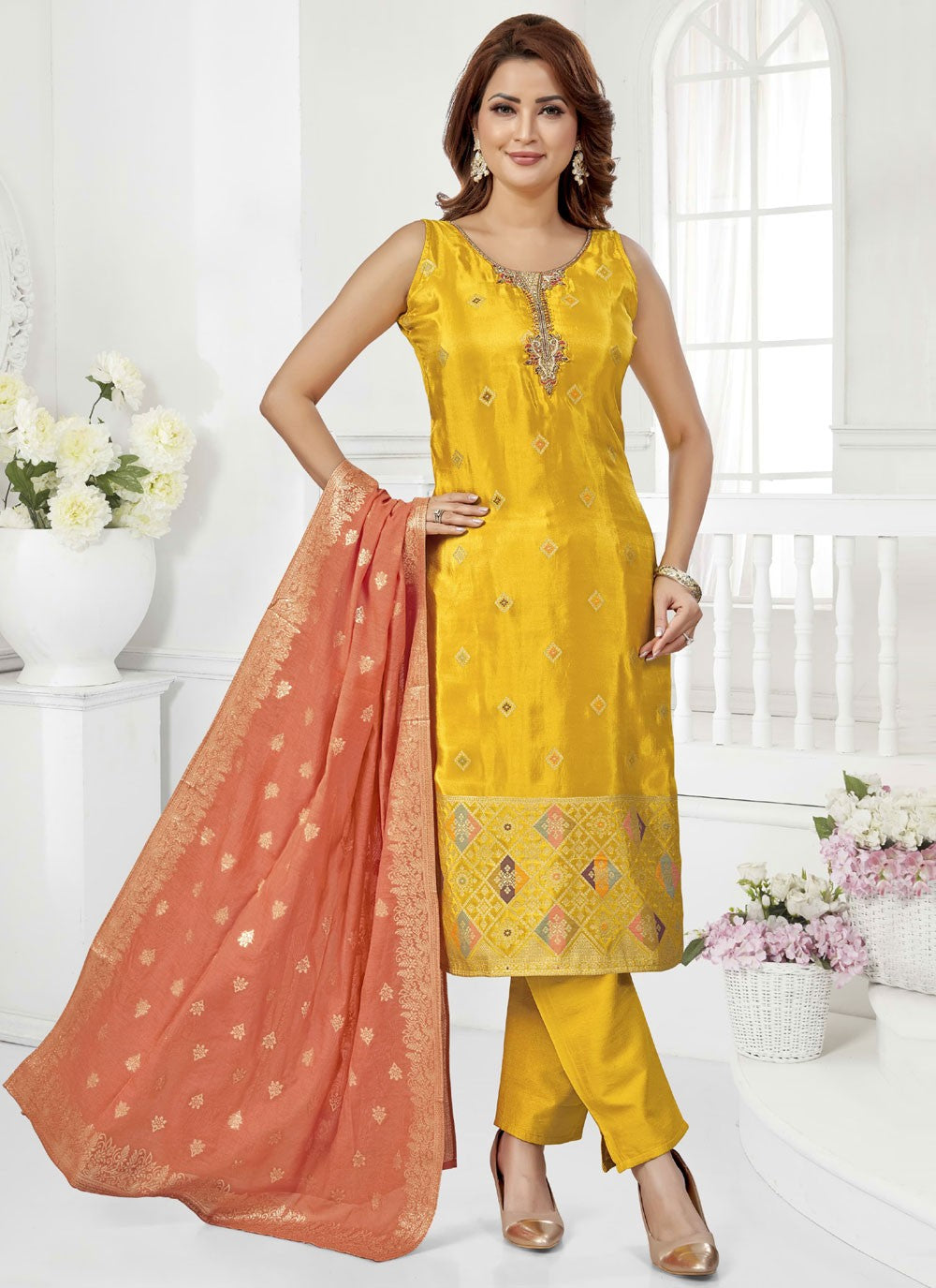 Pant Style Suit Embroidered, Jacquard Work, Zari Yellow T7612