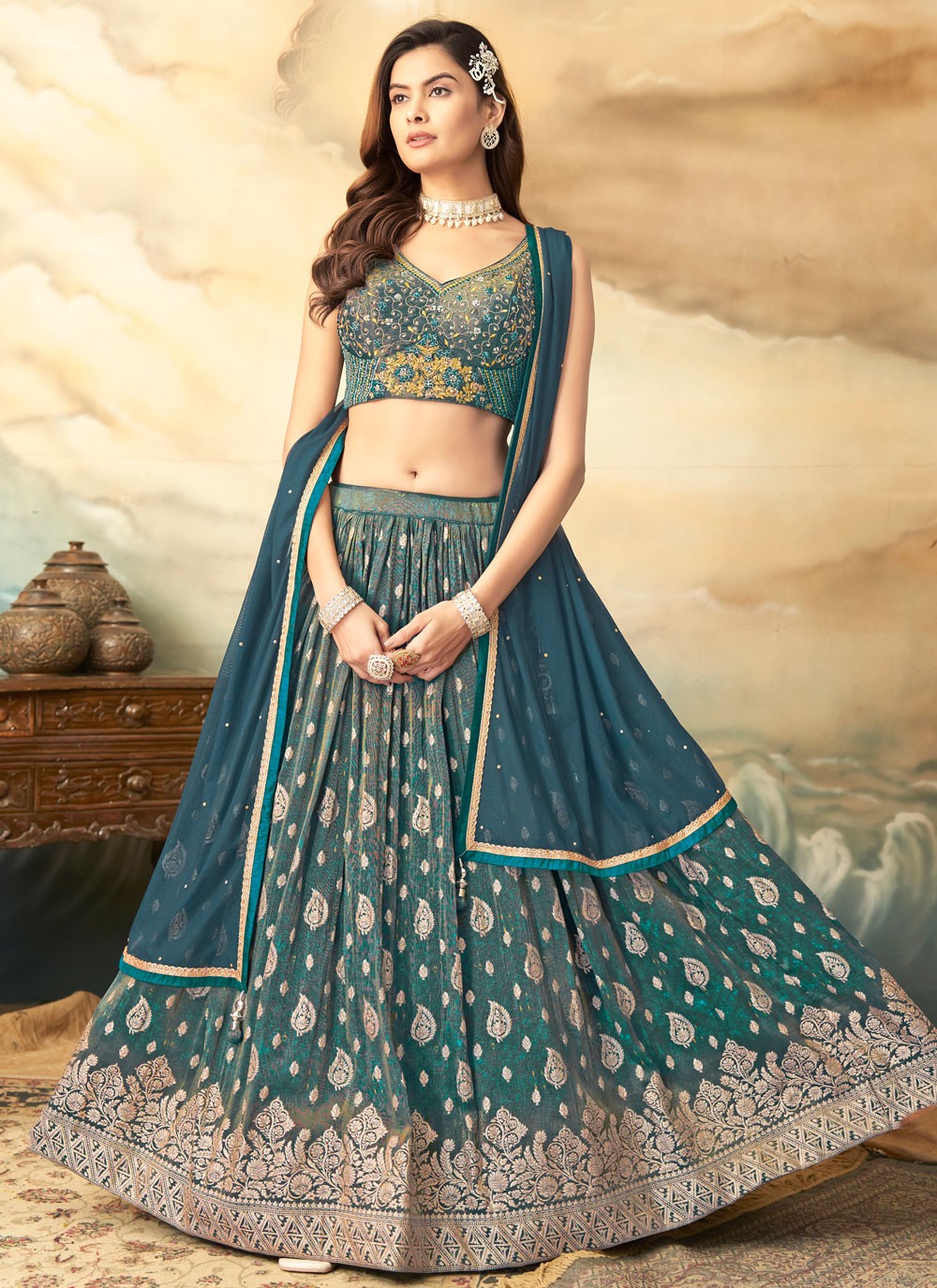 Embroidered Silk Firozi Readymade Lehenga Choli L3760