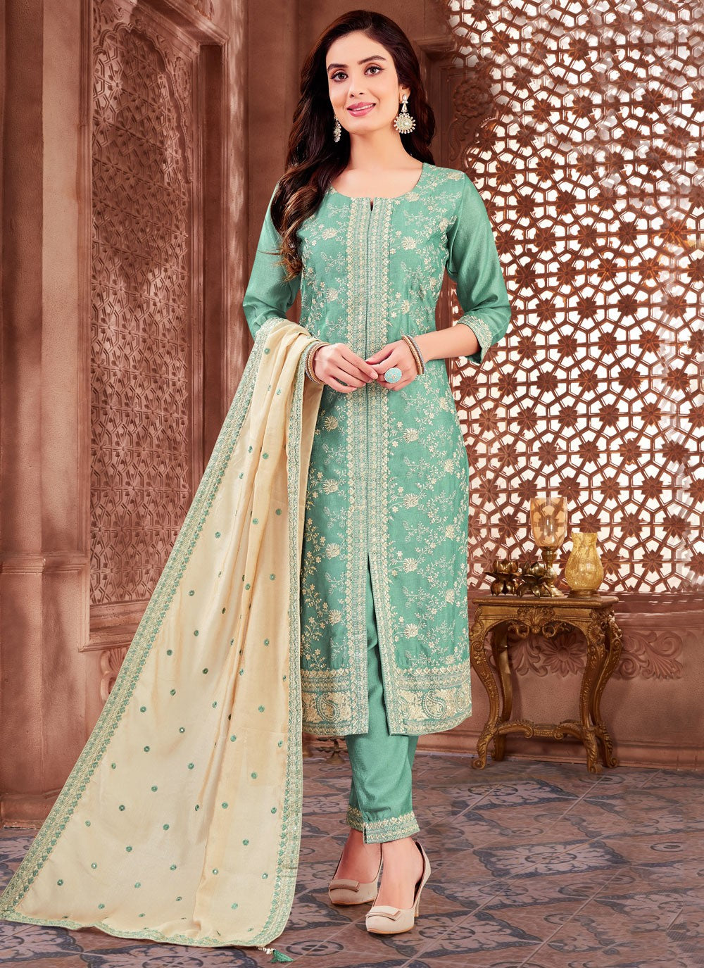 Salwar Suit Embroidered Aqua Blue Silk T5696