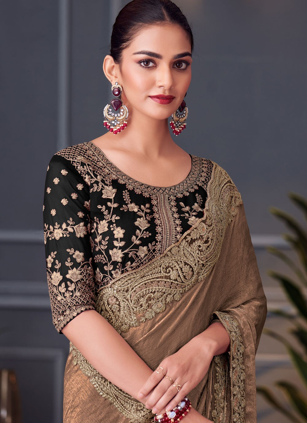 Brown Silk Trendy Saree Border Work, Cut Work, Embroidered, Zari S16686
