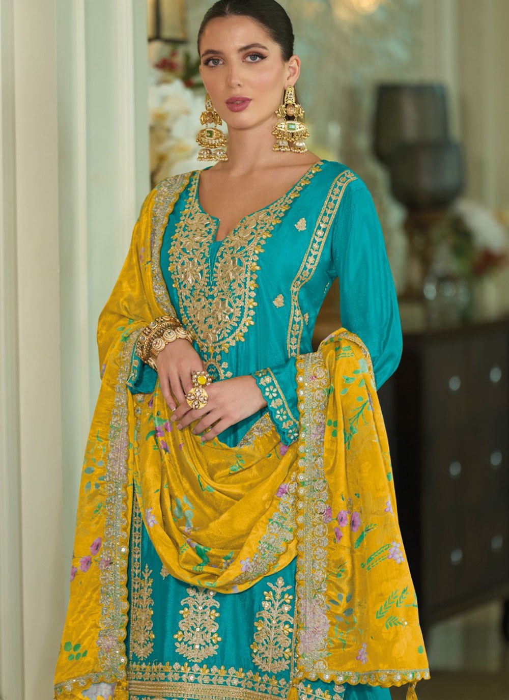 Palazzo Suit Embroidered, Khatli Work, Sequins, Zari Blue T6765