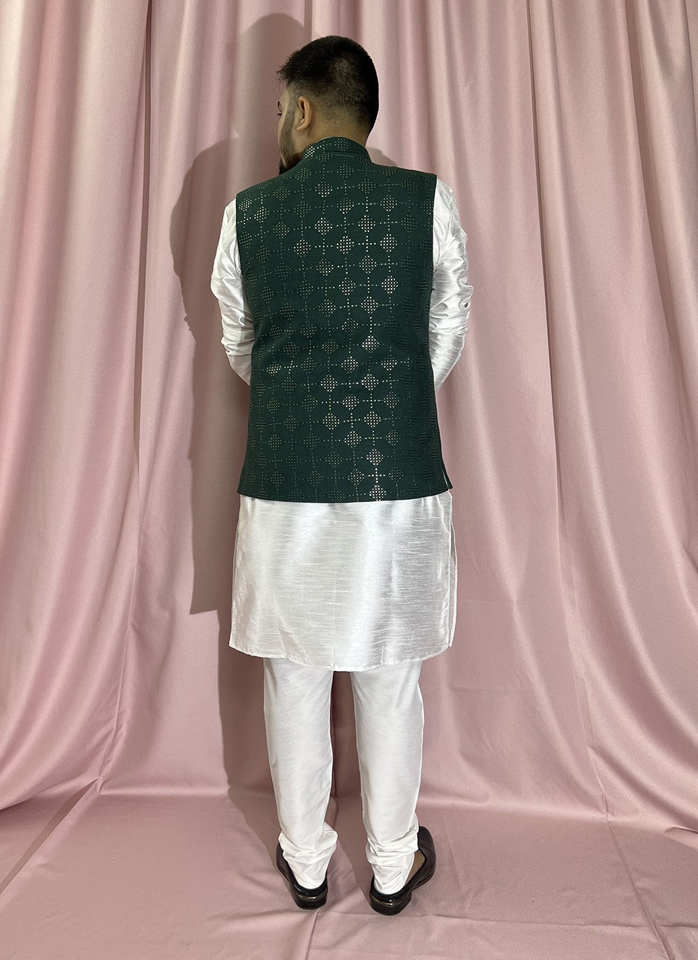 Embroidered Cotton , Silk Green, White Kurta Payjama With Jacket - M5889