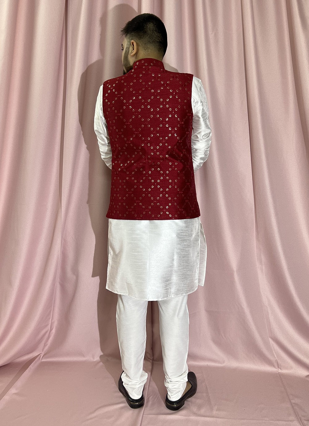 Embroidered Silk Maroon, White Kurta Payjama With Jacket - M5904