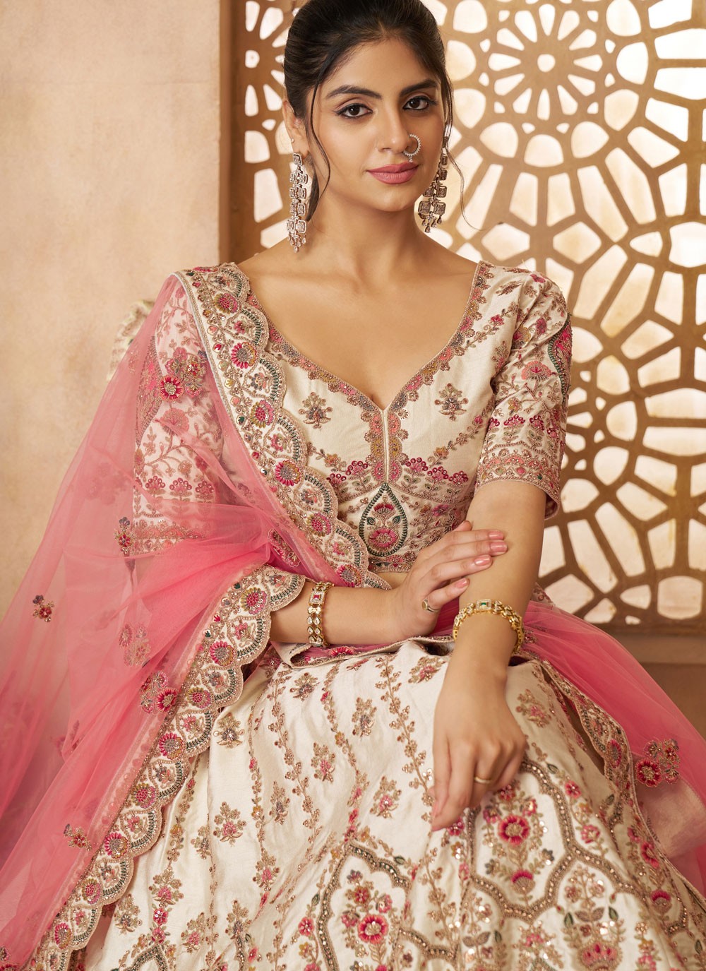 Embroidered Silk Off White A - Line Lehenga L3799