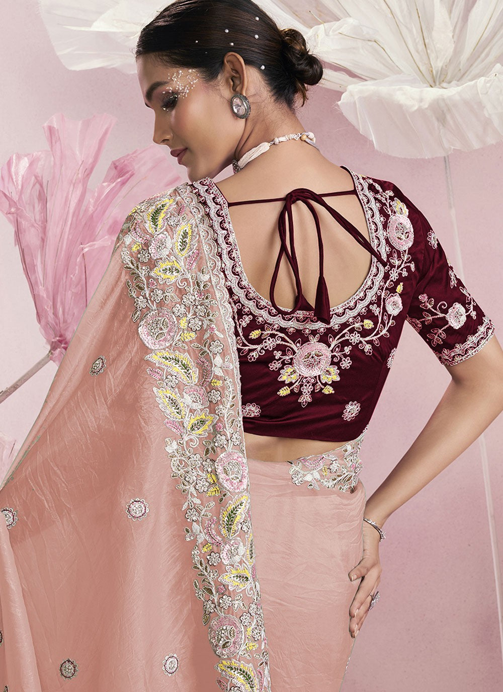 Embroidered Silk Peach Saree S14146