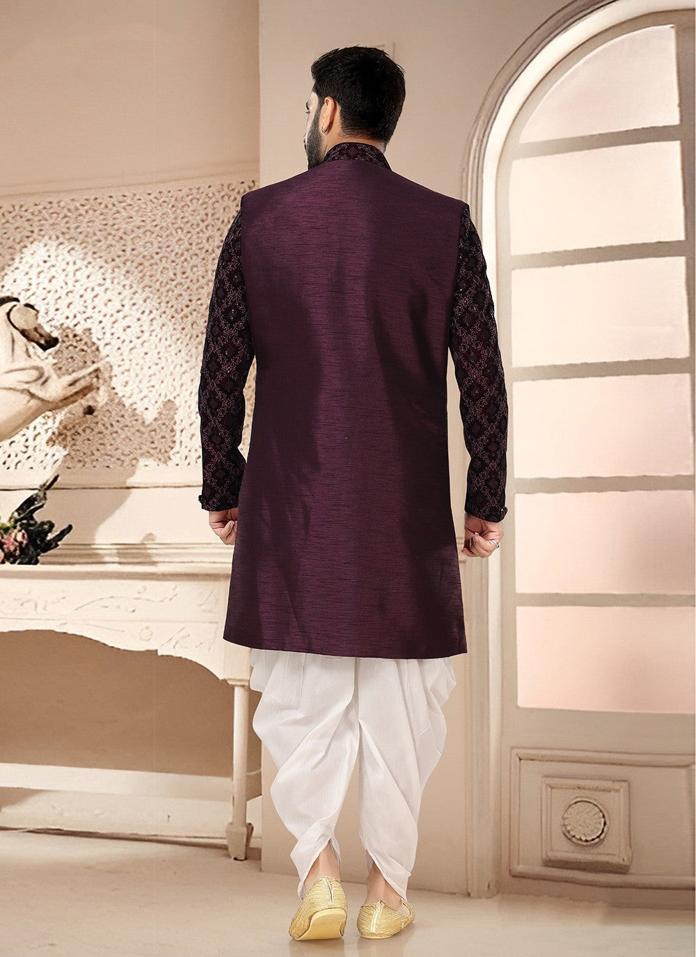 Embroidered Silk Wine Sherwani - M7542