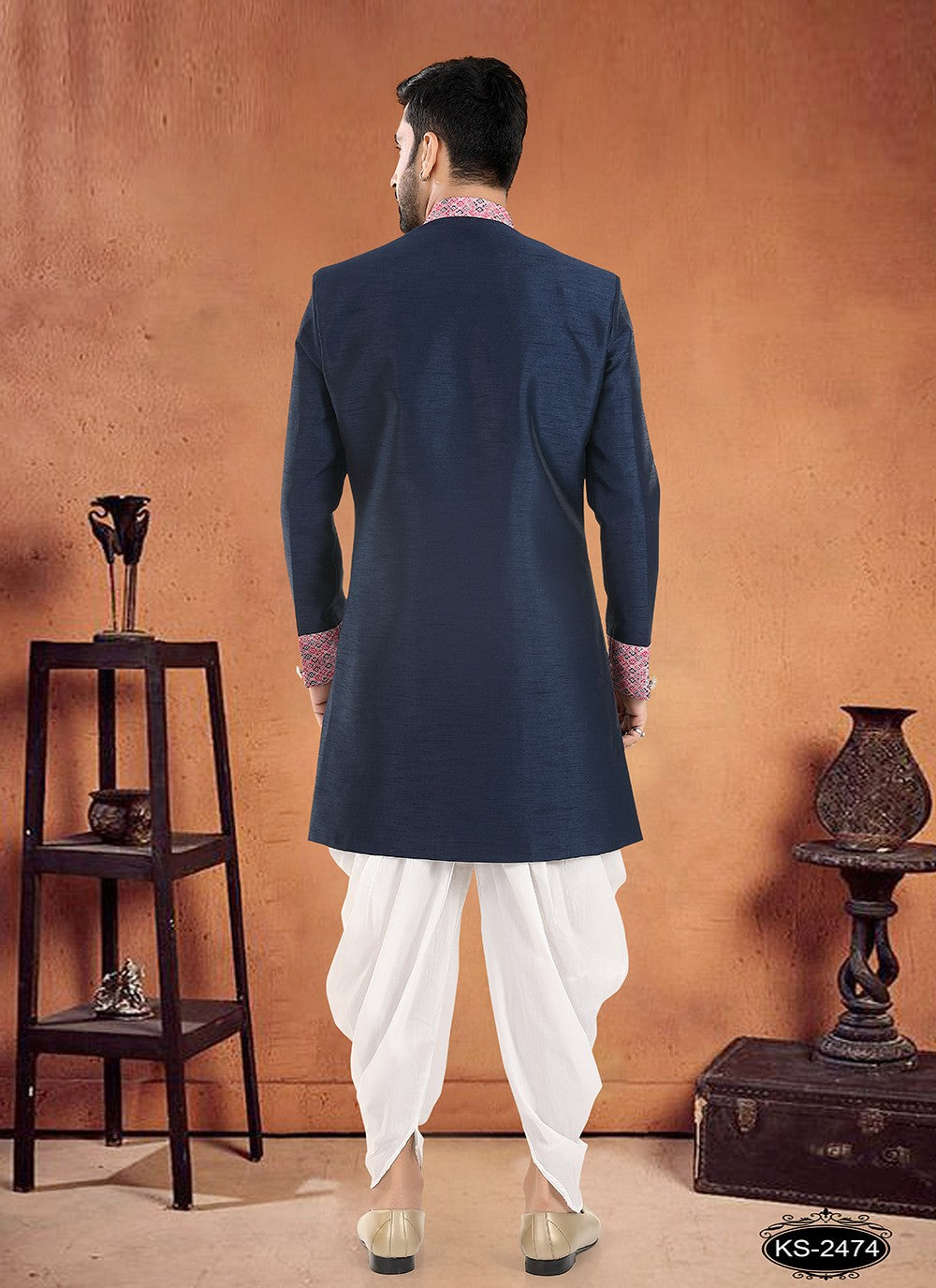 Diamond Silk Navy Blue Sherwani - M8114