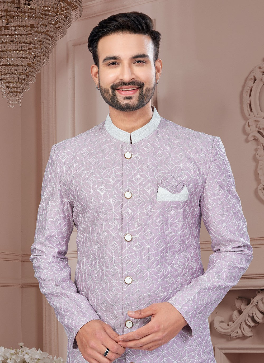 Machine Embroidery Silk Purple Sherwani - M8616