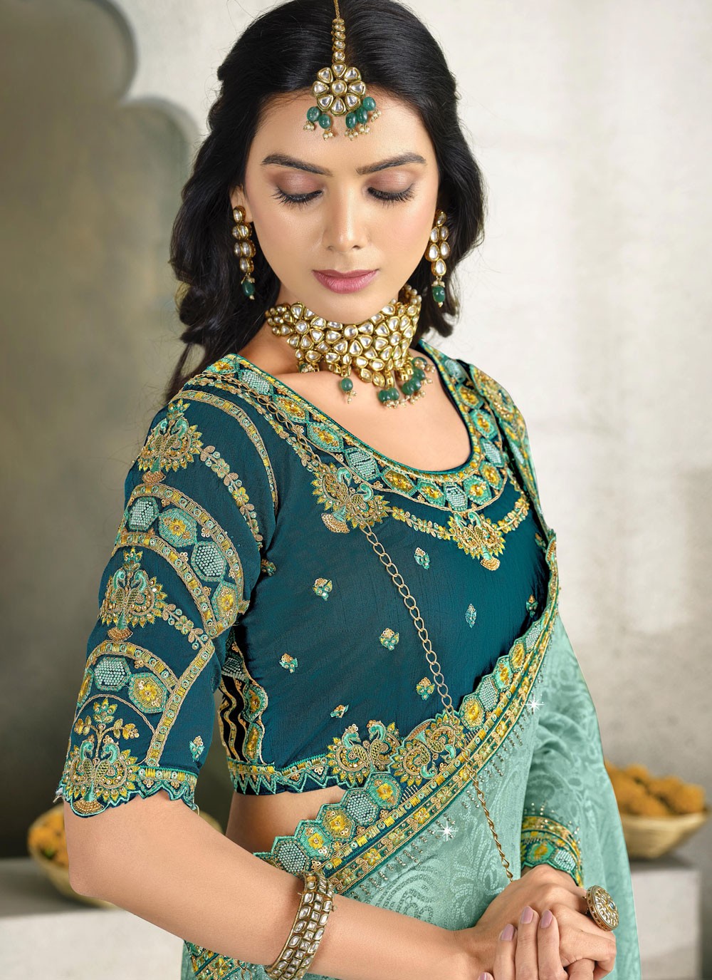 Border Work Silk Firozi Designer Saree S15556