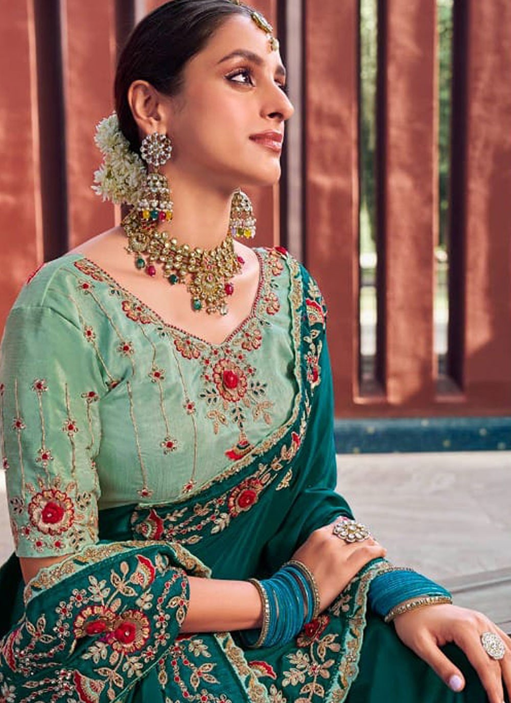 Traditional Cut Work Green, Teal Silk Saree S13373