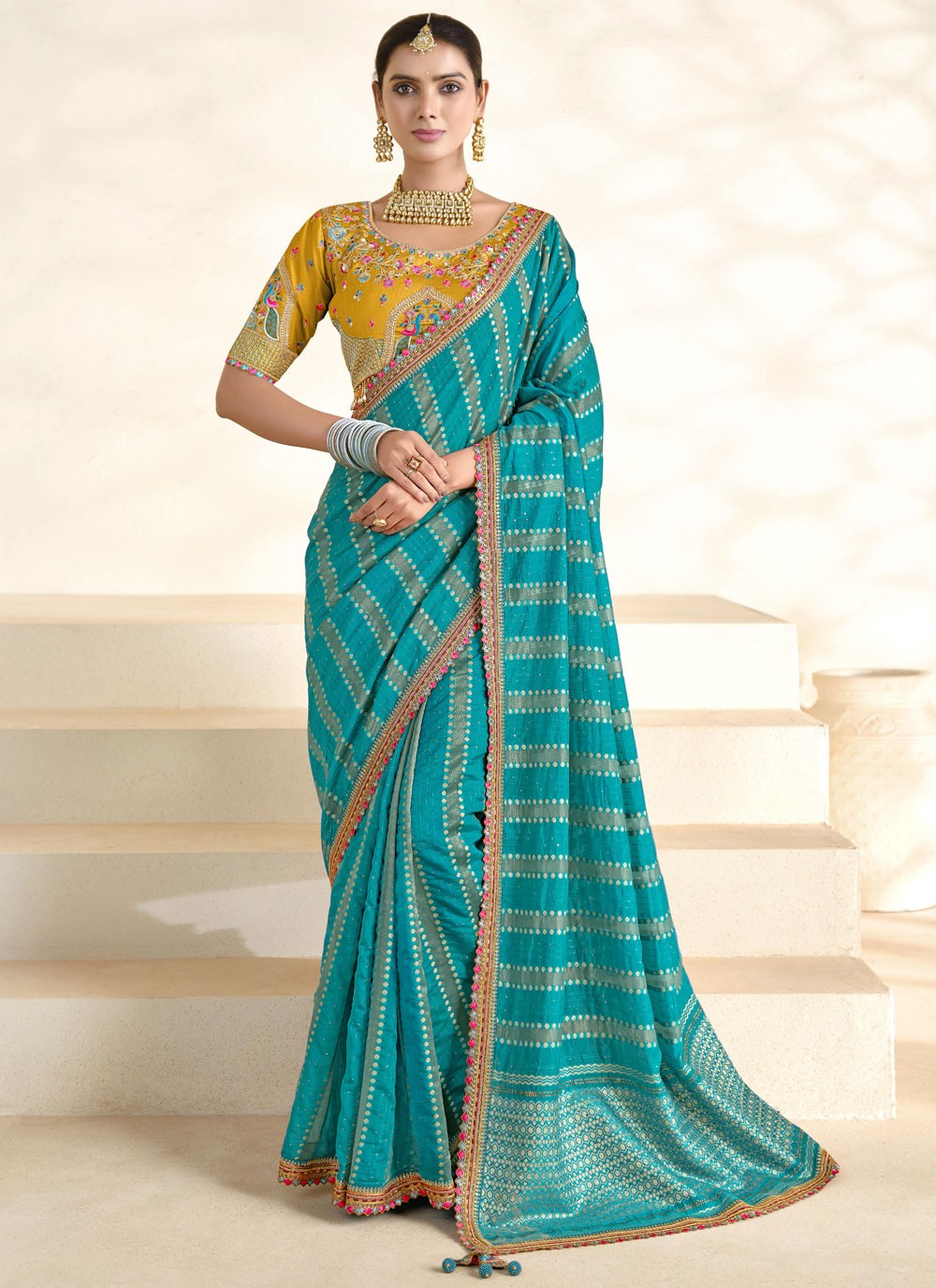 Trendy Saree Border Work Blue Silk S12678