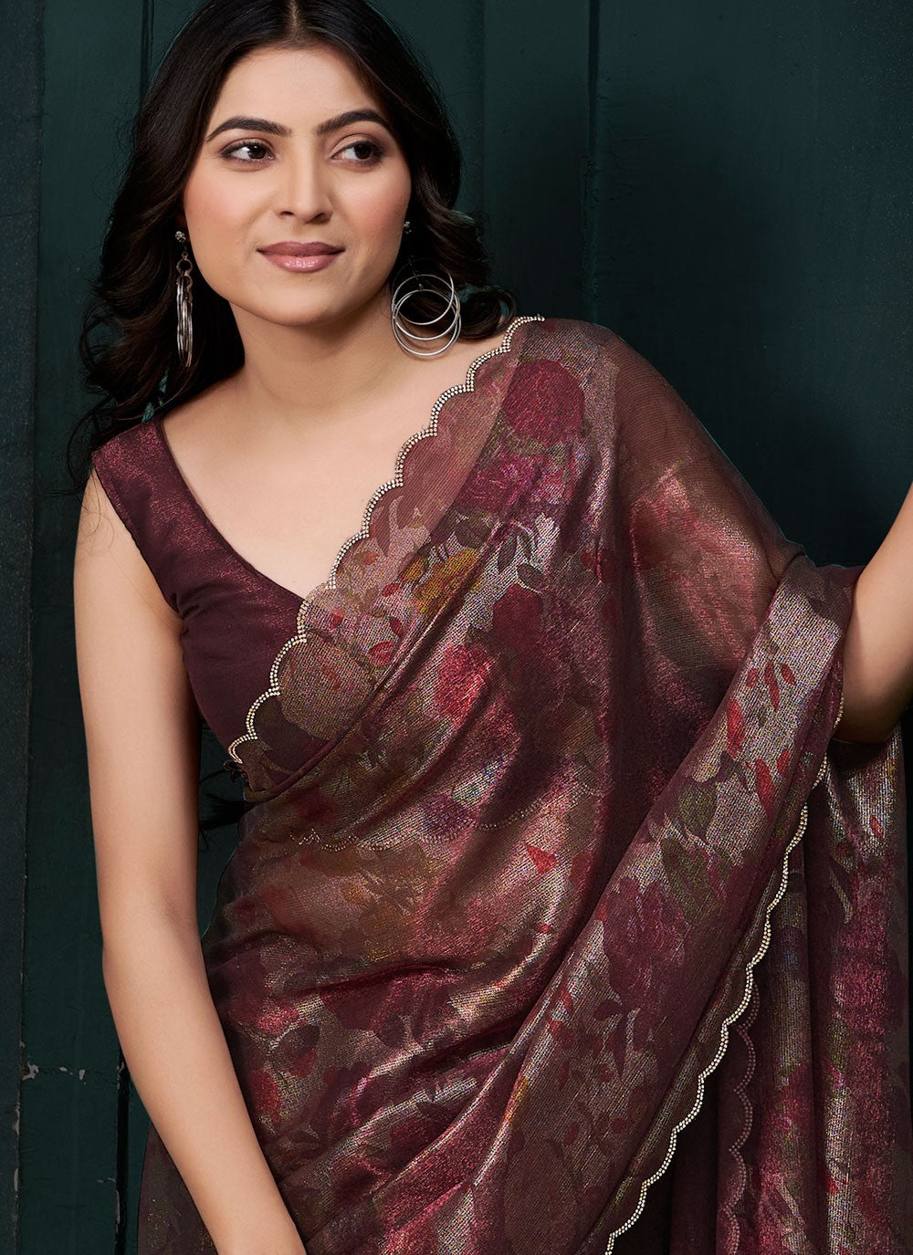 Cut Work Silk Wine Designer Saree S15132