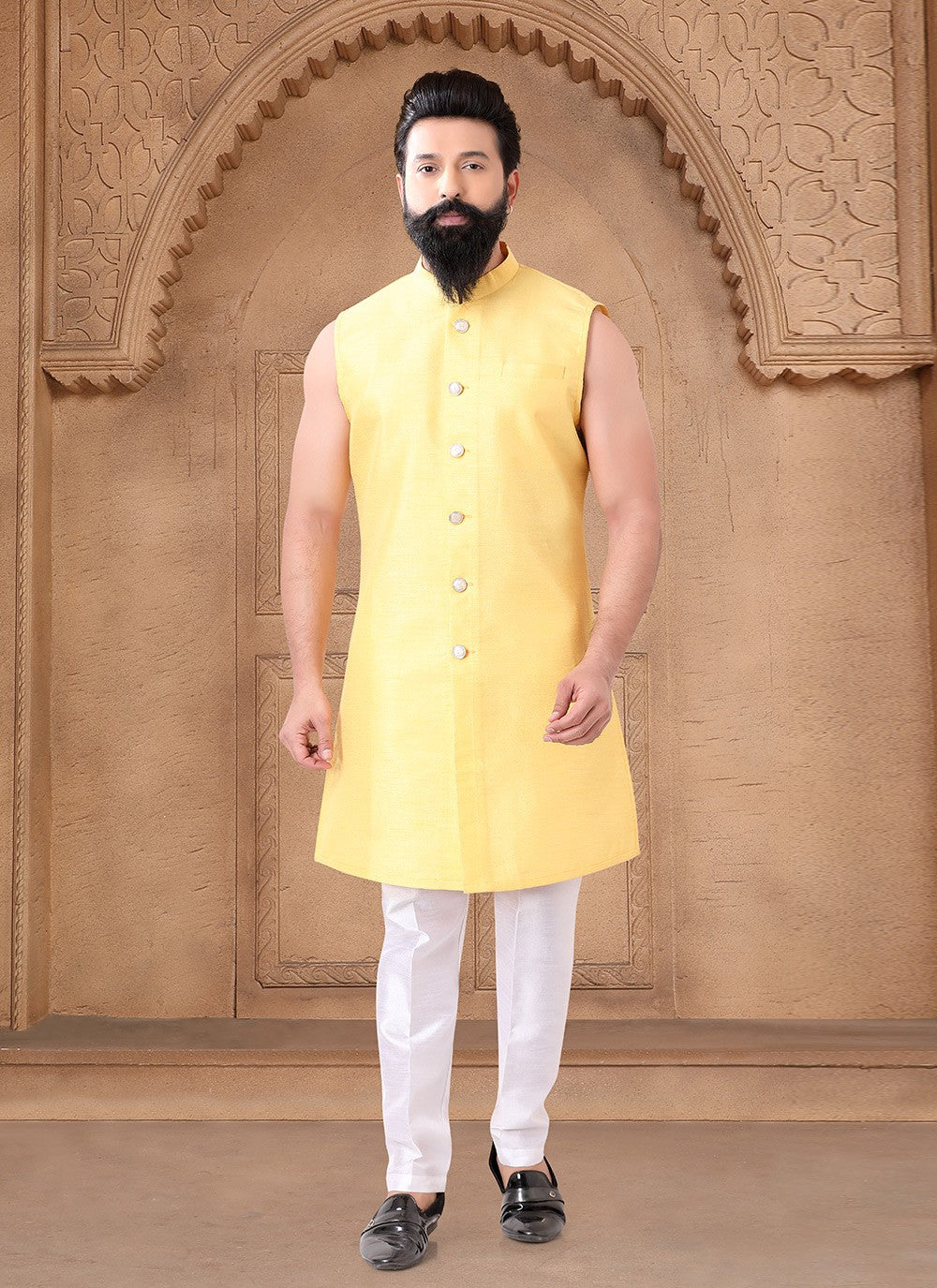 Embroidered Silk Yellow Indo Western - M7673
