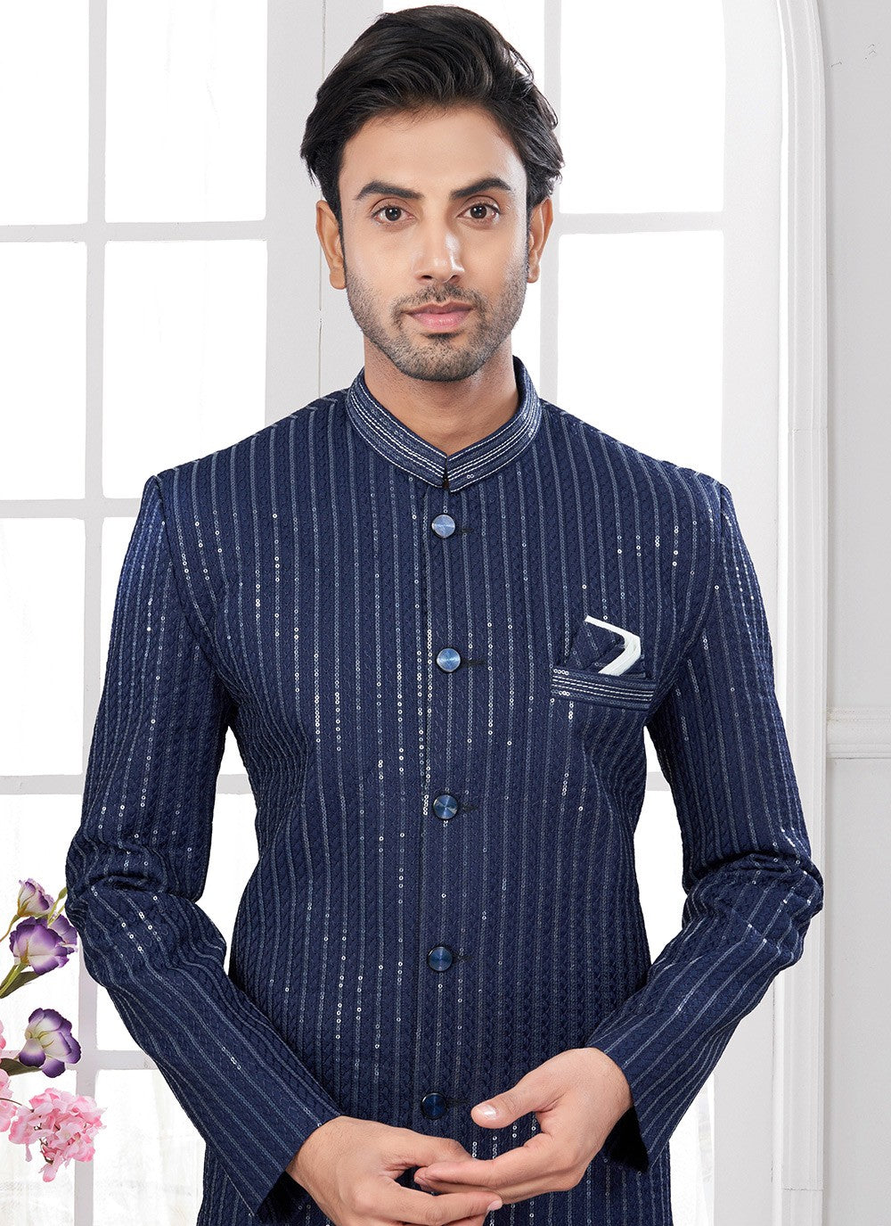 Machine Embroidery Silk Navy Blue Indo Western - M8644