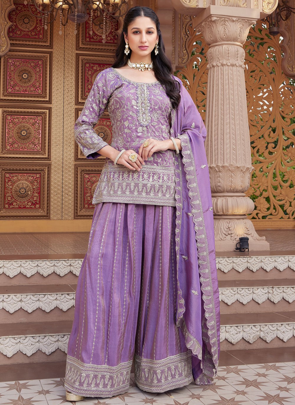 Palazzo Suit Embroidered Lavender Silk T5451