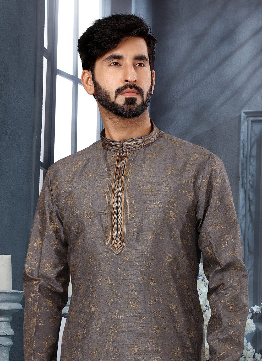 Digital Print Silk Grey Kurta - M5649