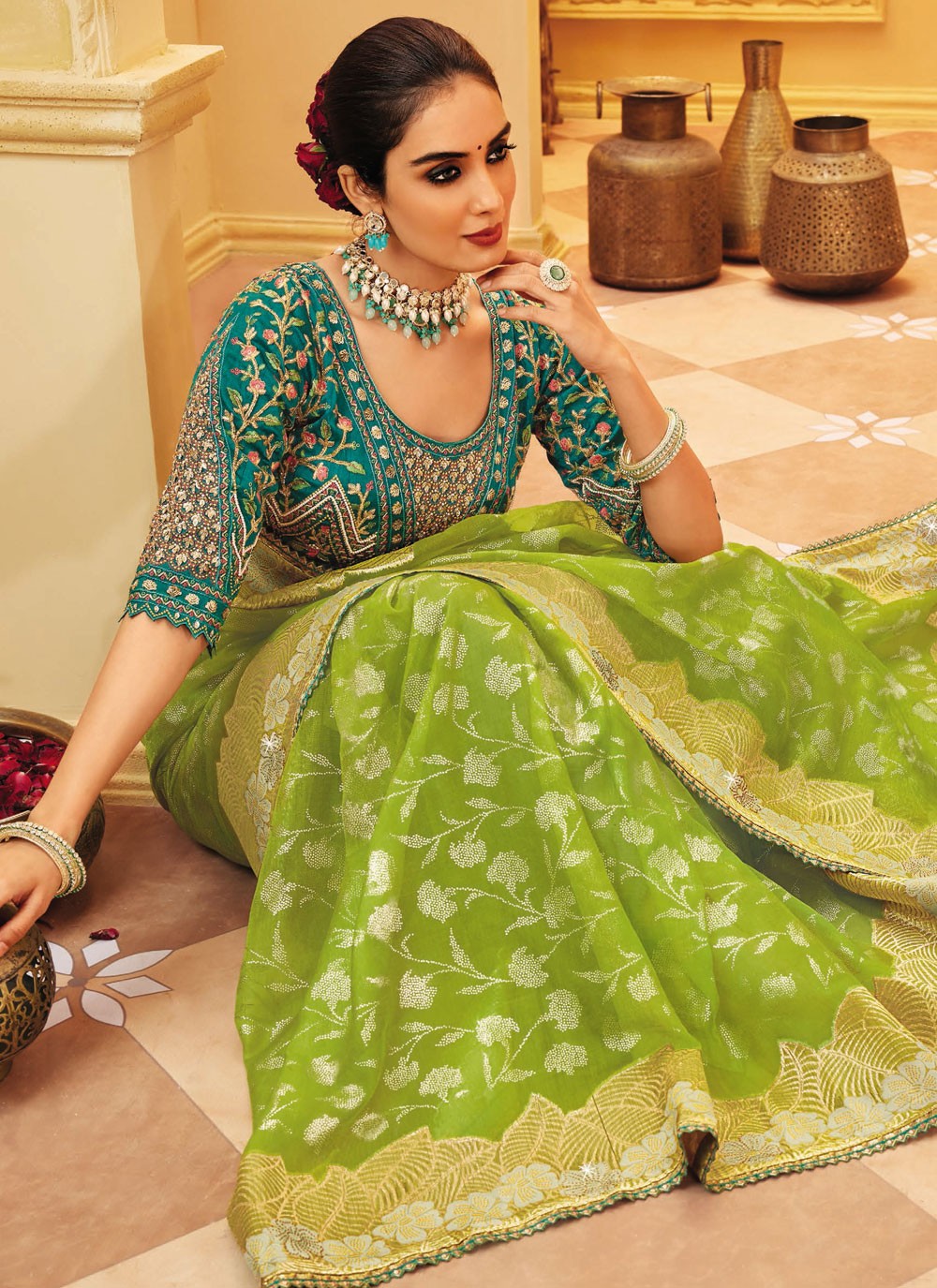 Traditional Embroidered Green Silk Saree S13497