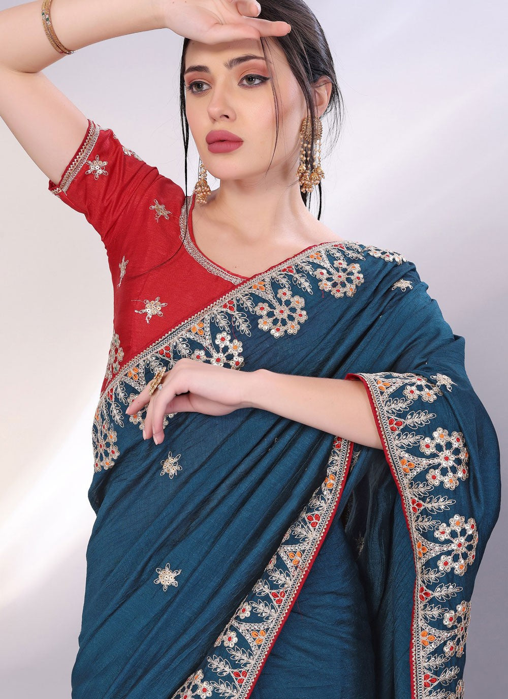 Embroidered Silk Morpeach Saree S13826