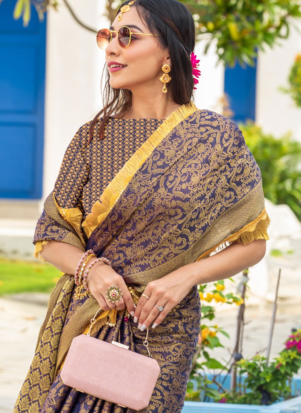 Woven Brocade Navy Blue Saree S14736