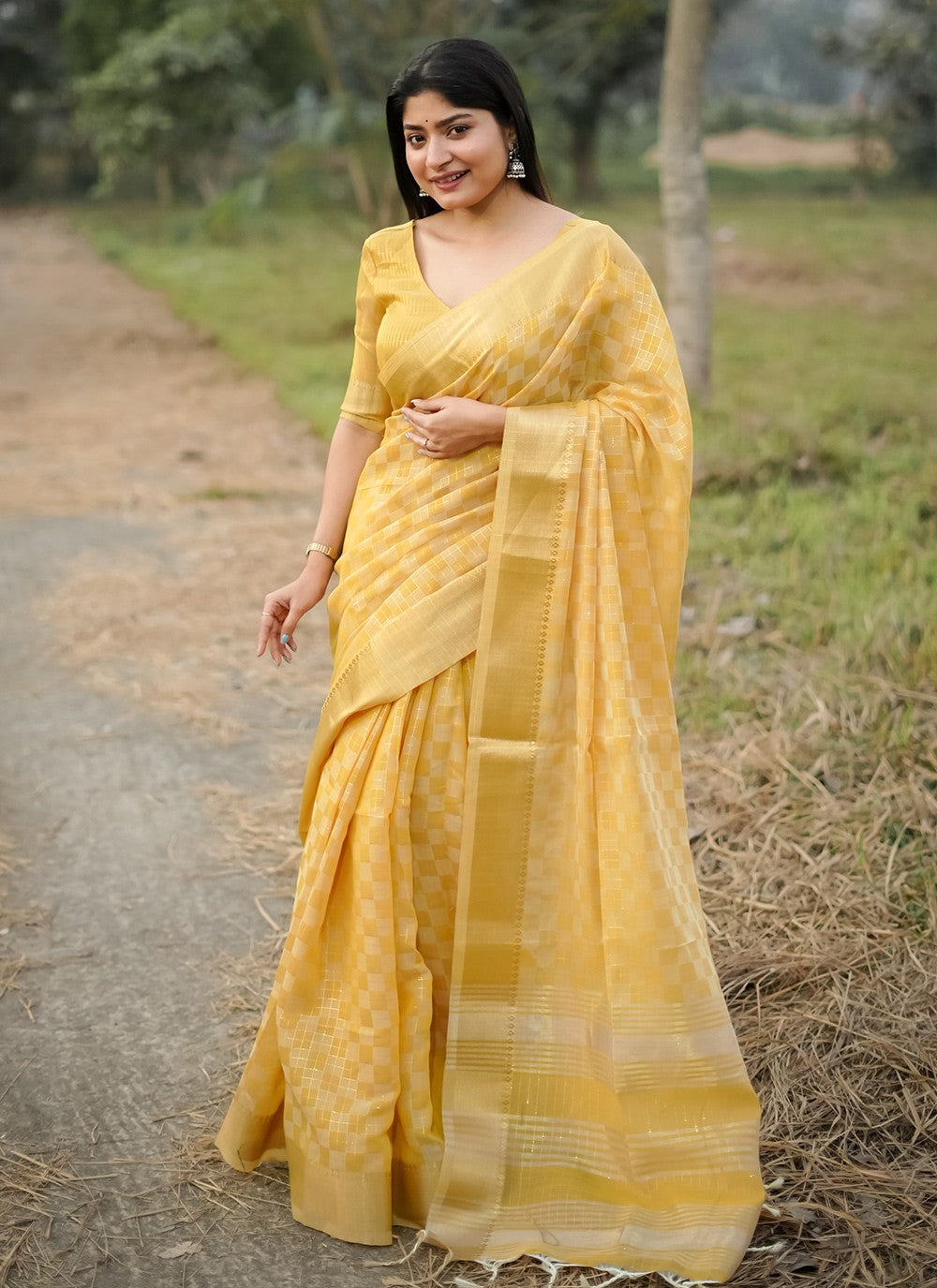 Weaving Zari Silk Yellow Saree S14796