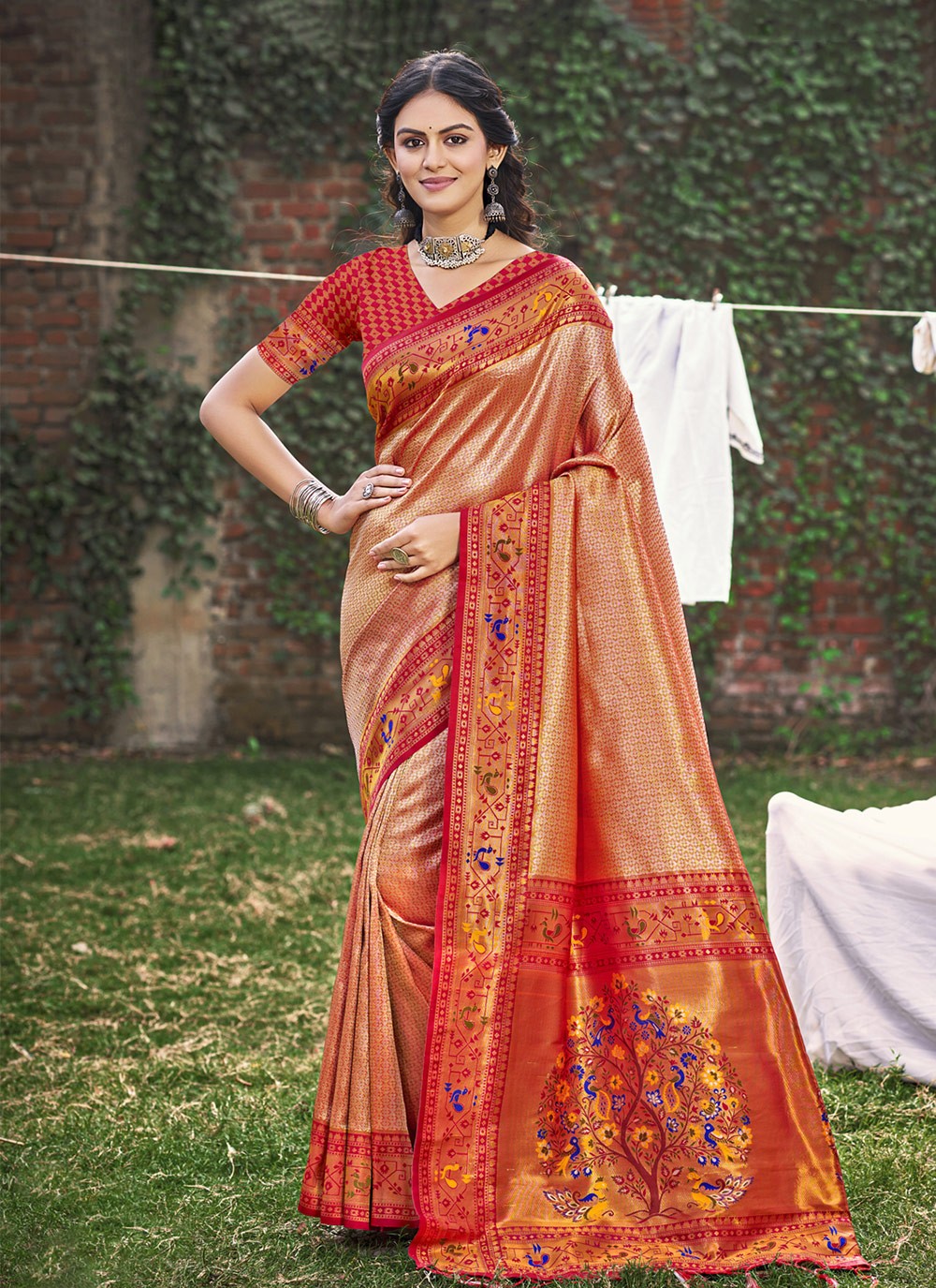 Trendy Saree Weaving Zari Peach, Red Silk Saree S12807