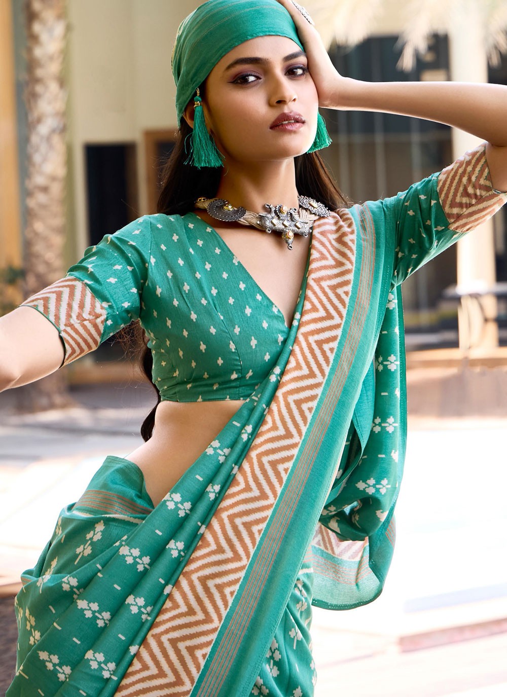 Turquoise Silk Designer Saree Printed S17076