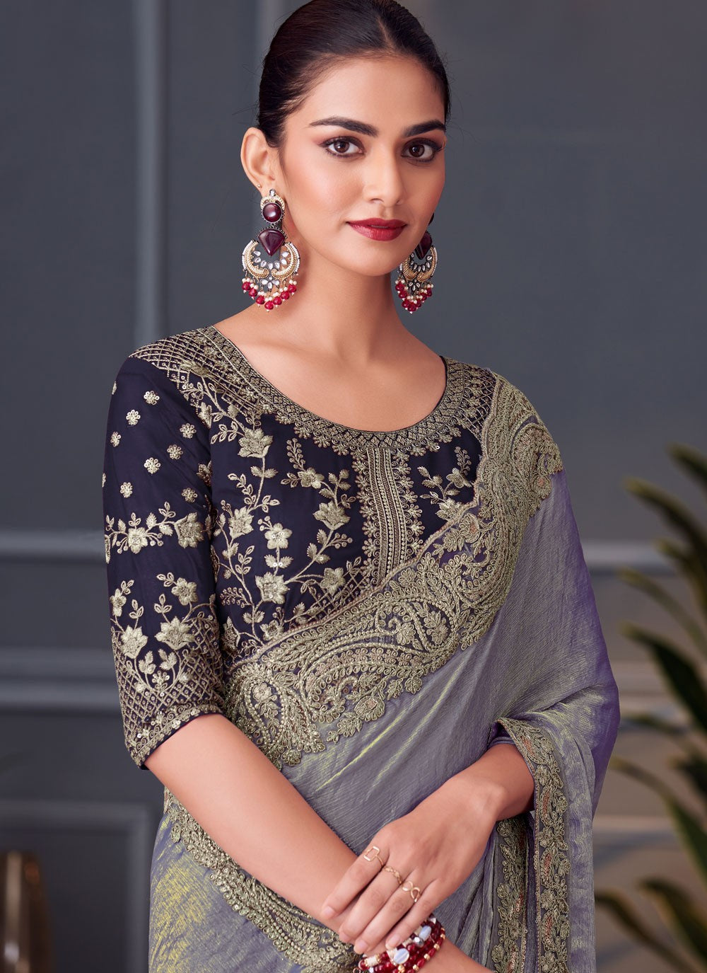 Violet Silk Contemporary Saree Border Work, Cut Work, Embroidered, Zari S16683