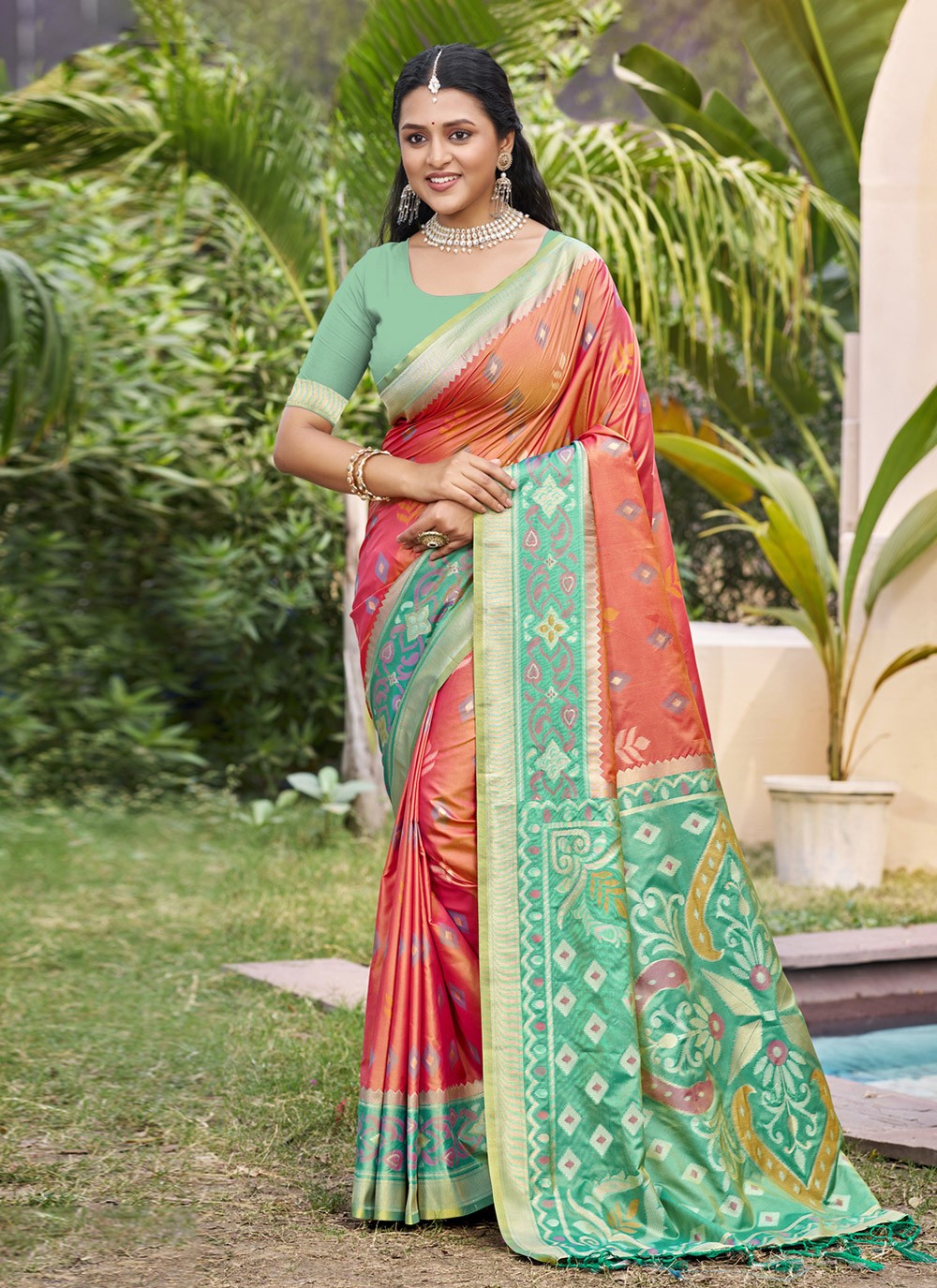Contemporary Weaving Zari Peach, Sea Green Silk S12932