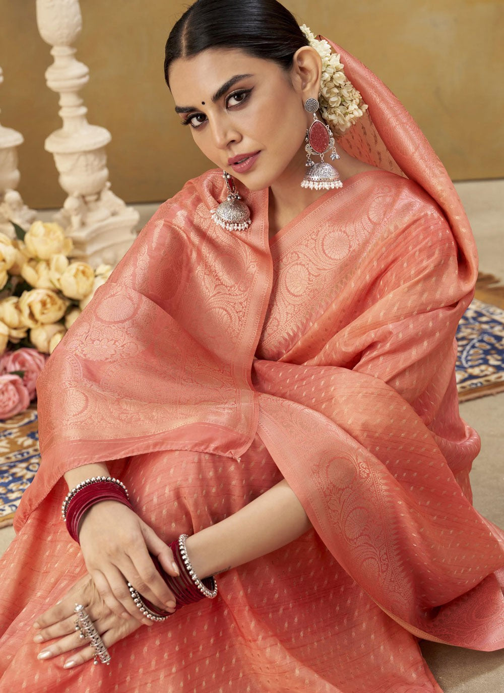 Classic Saree Weaving Zari Peach Silk Saree S13312