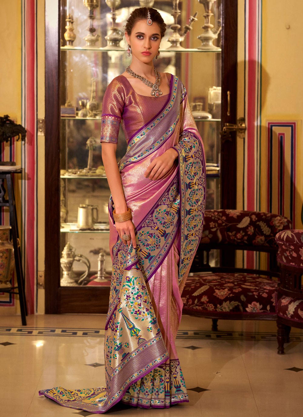 Weaving Zari Silk Pink Contemporary Saree S15568