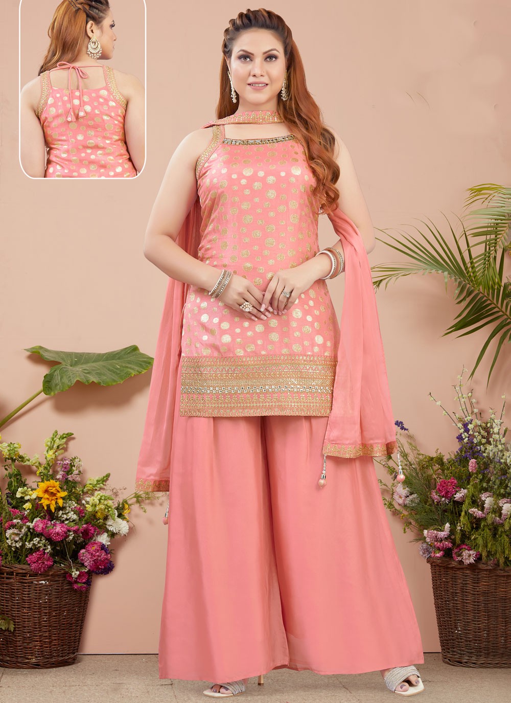 Salwar Suit Weaving Zari Peach Silk T5232