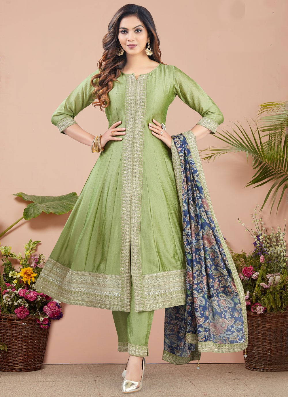 Salwar Suit Weaving Zari Sea Green Silk T5243