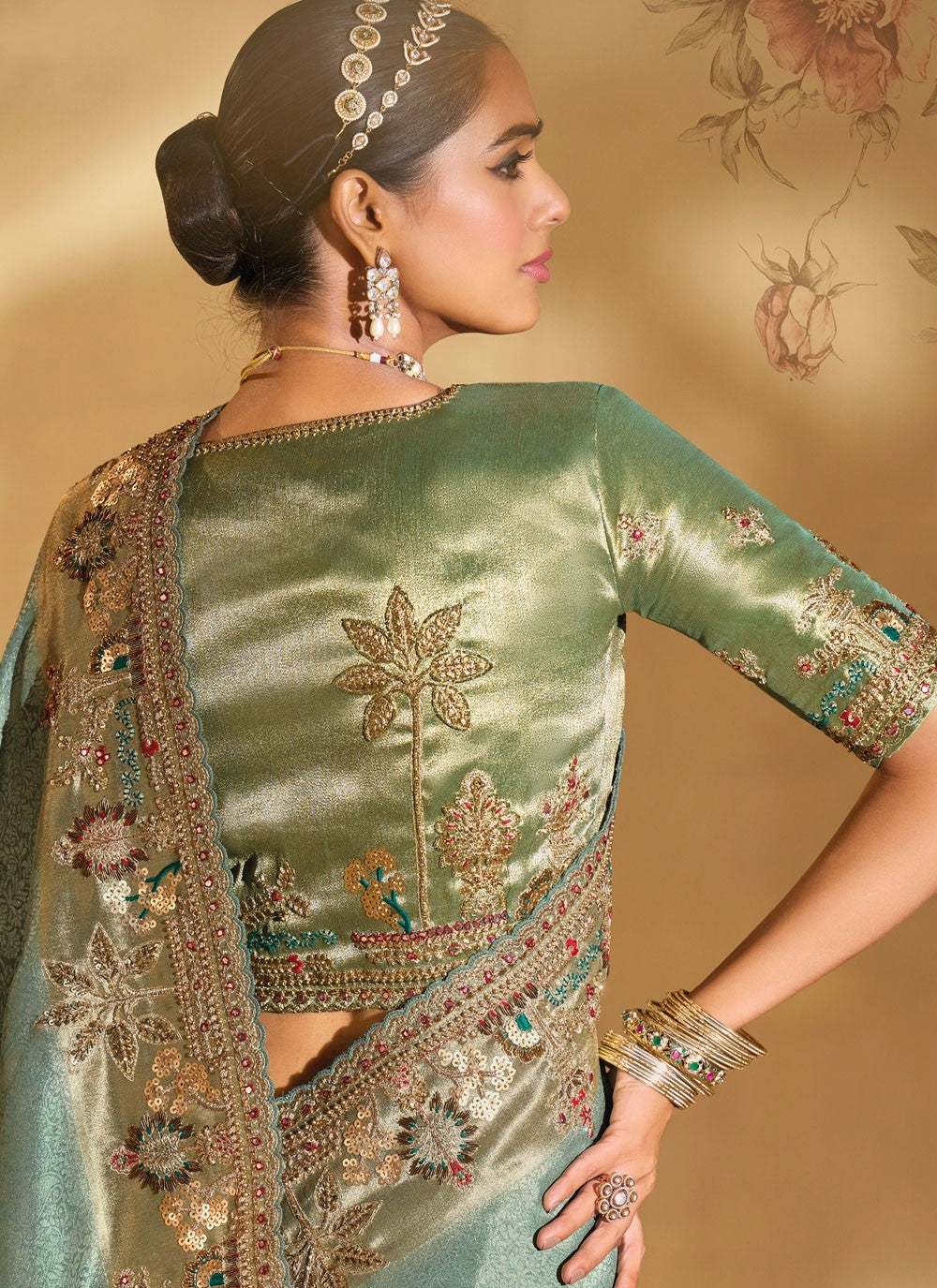 Sea Green Silk Classic Saree Cutdana, Embroidered, Mirror, Moti S20145