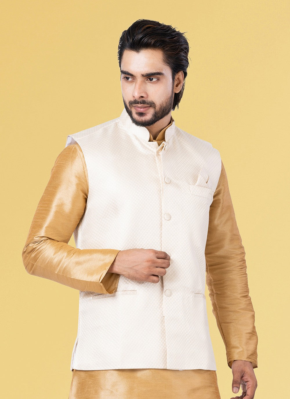 Diamond Silk White Nehru Jackets - M7445