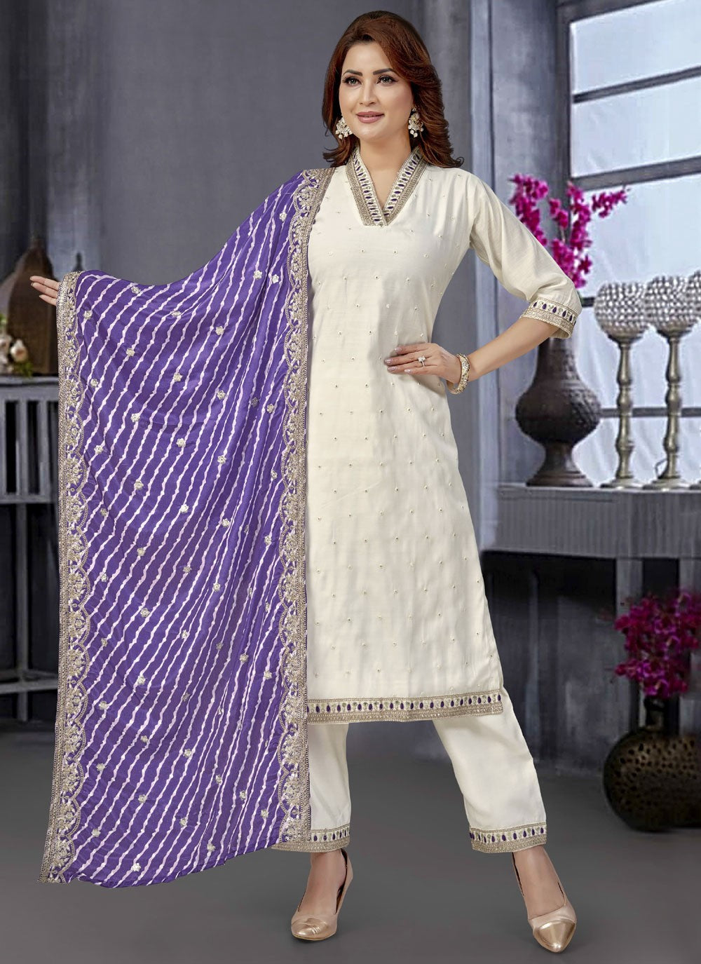 Pant Style Suit Embroidered White T7607