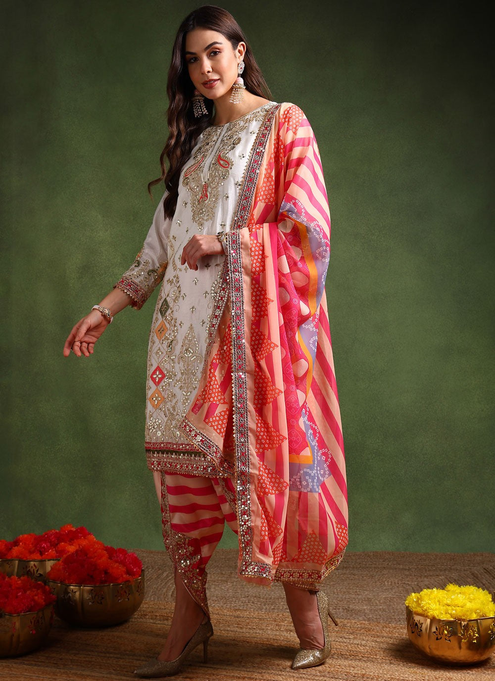Dhoti Style Salwar Suit Embroidered, Sequins, Zari White T7648