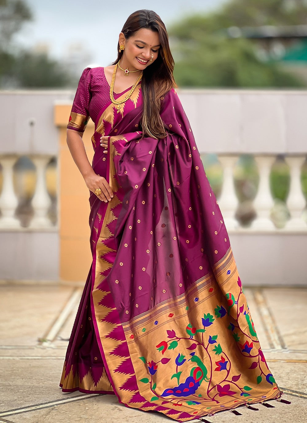 Wine Silk Classic Saree Jacquard Work, Meenakari S18365