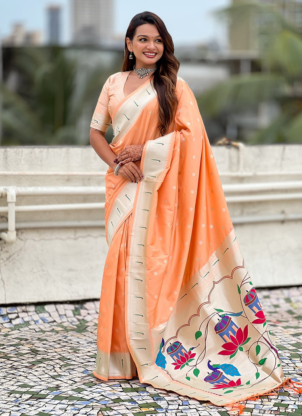 Peach Silk Trendy Saree Woven, Zari S19445