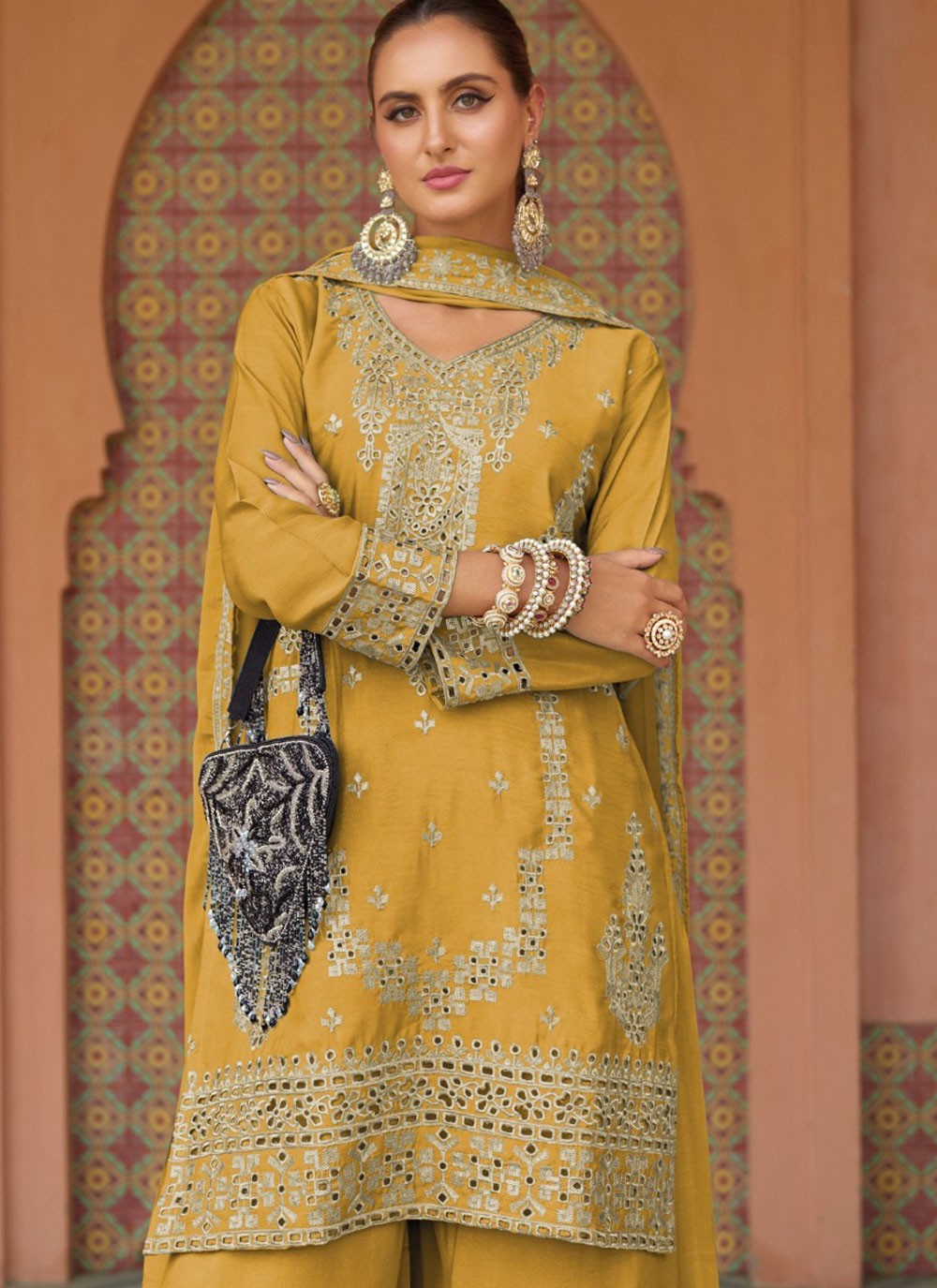 Palazzo Suit Embroidered, Zari Yellow T6698