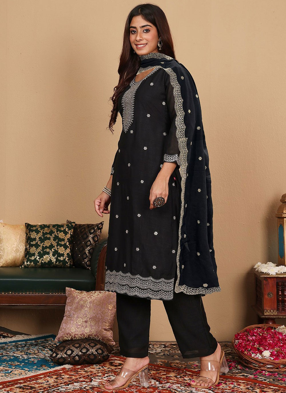 Salwar Suit Embroidered Black Silk T5535
