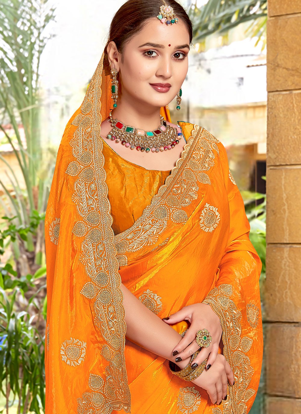 Embroidered Silk Orange Saree S14675