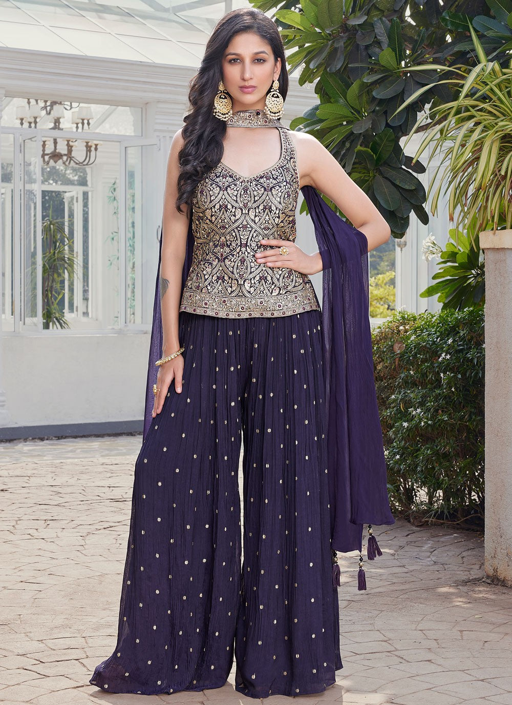 Palazzo Suit Embroidered Navy Blue Silk T5576