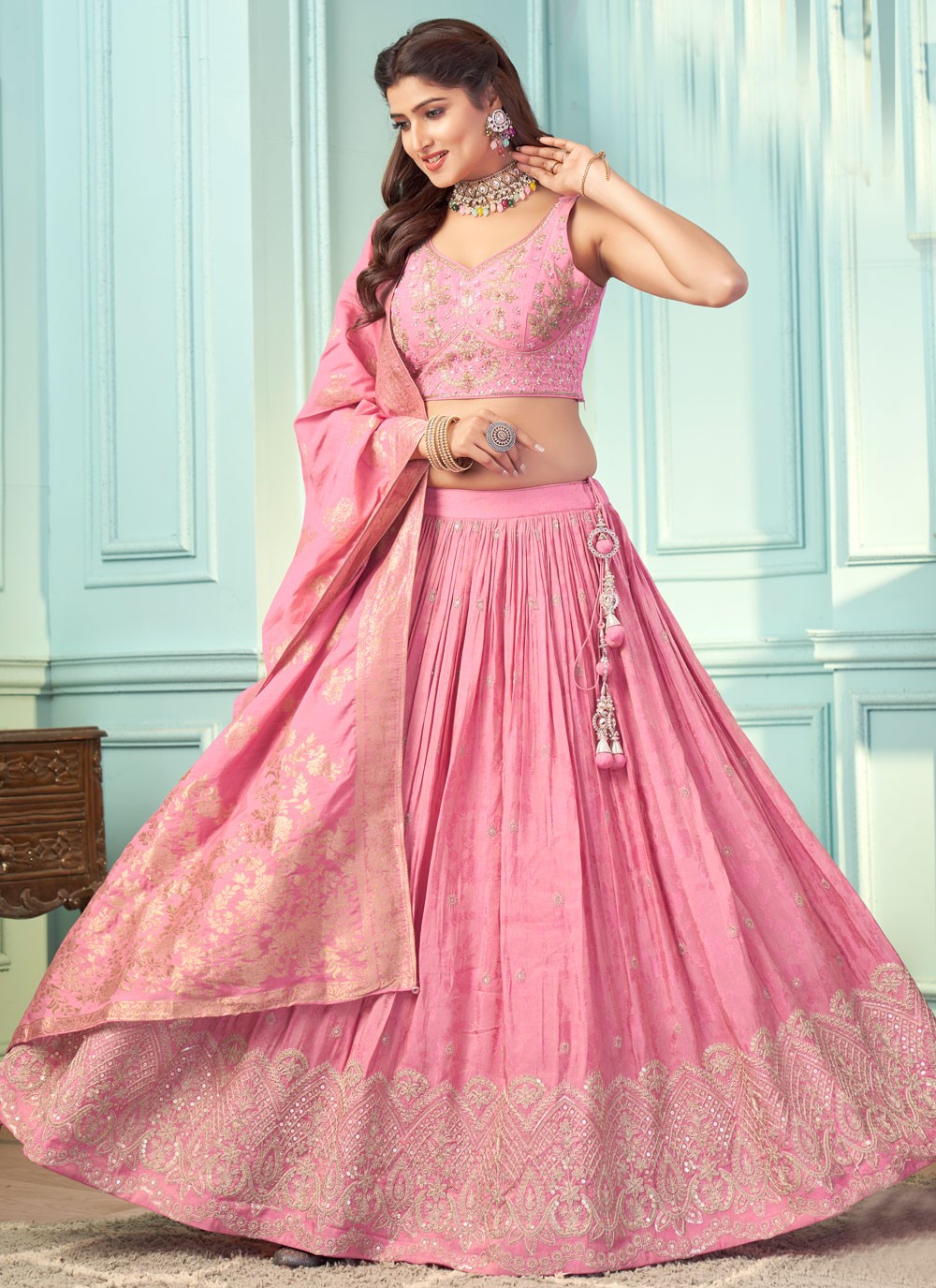 Embroidered Silk Pink Readymade Lehenga Choli L3761