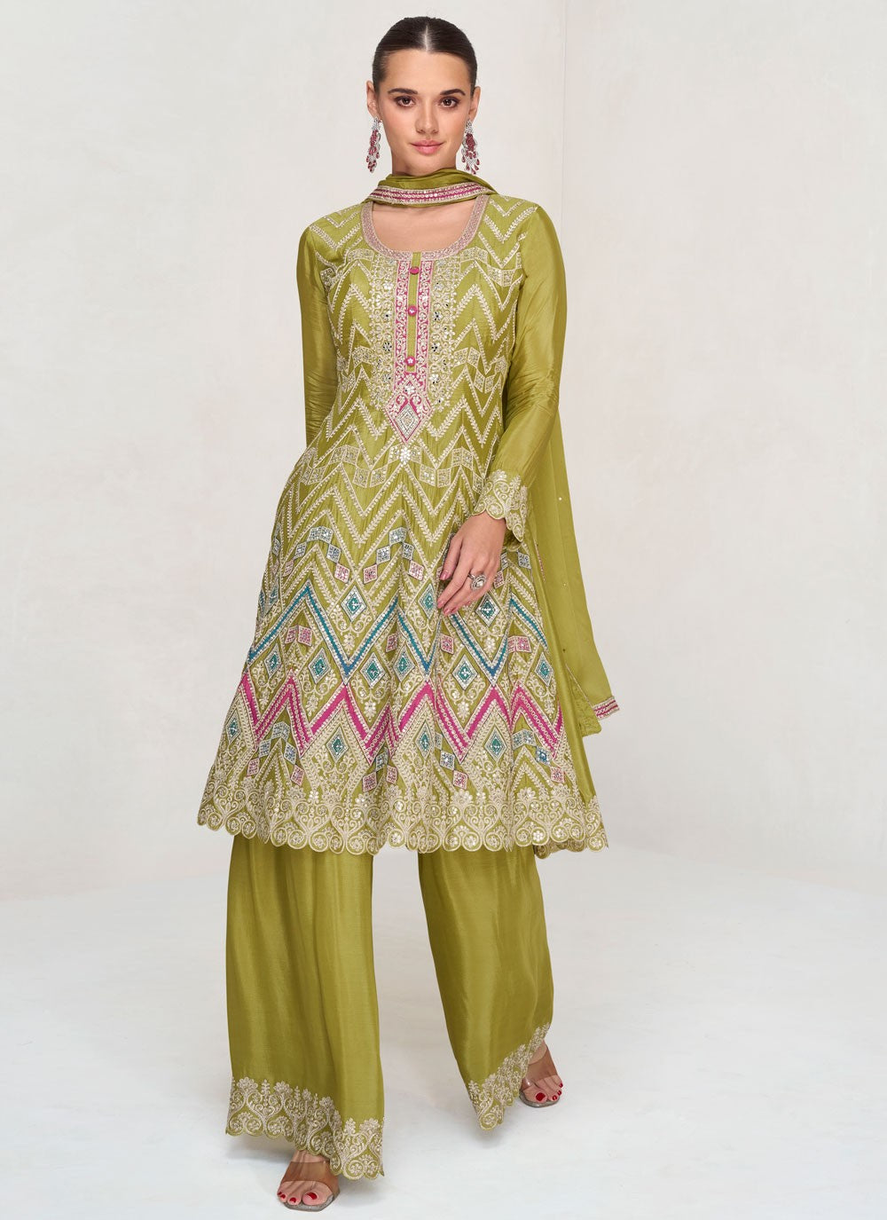 Sharara Suit Embroidered, Lace, Mirror, Zari Green T6869
