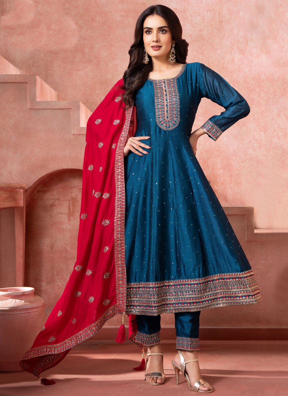 Anarkali Embroidered, Zari Morpeach T8099