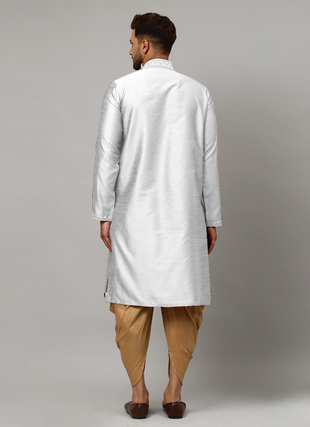 Aari Work Art Dupion Silk Silver Angrakha - M4207