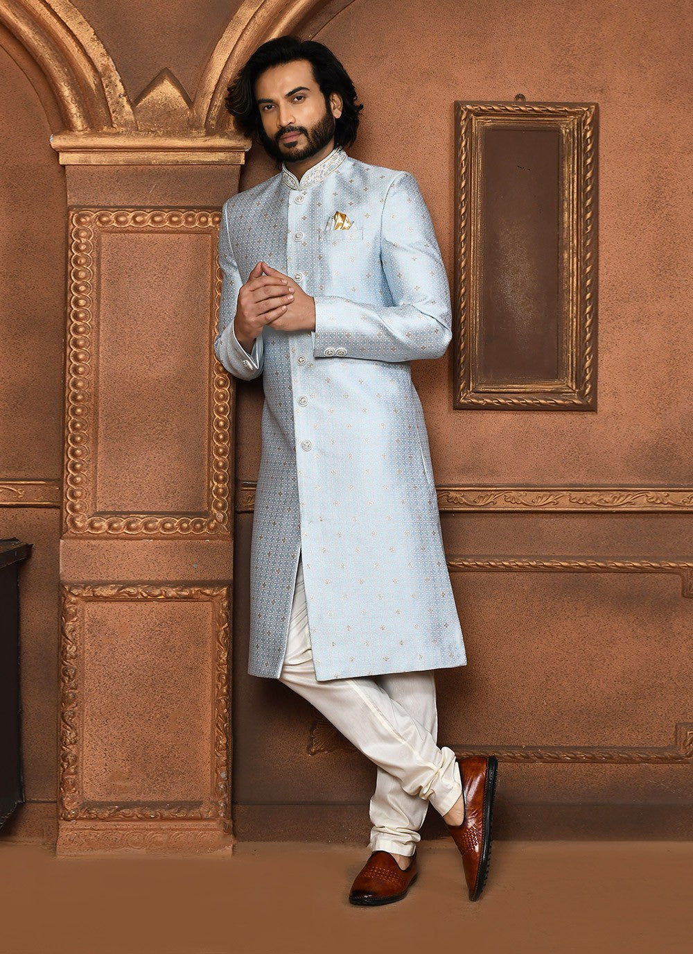 Embroidered Art Silk Silver Sherwani - M8051