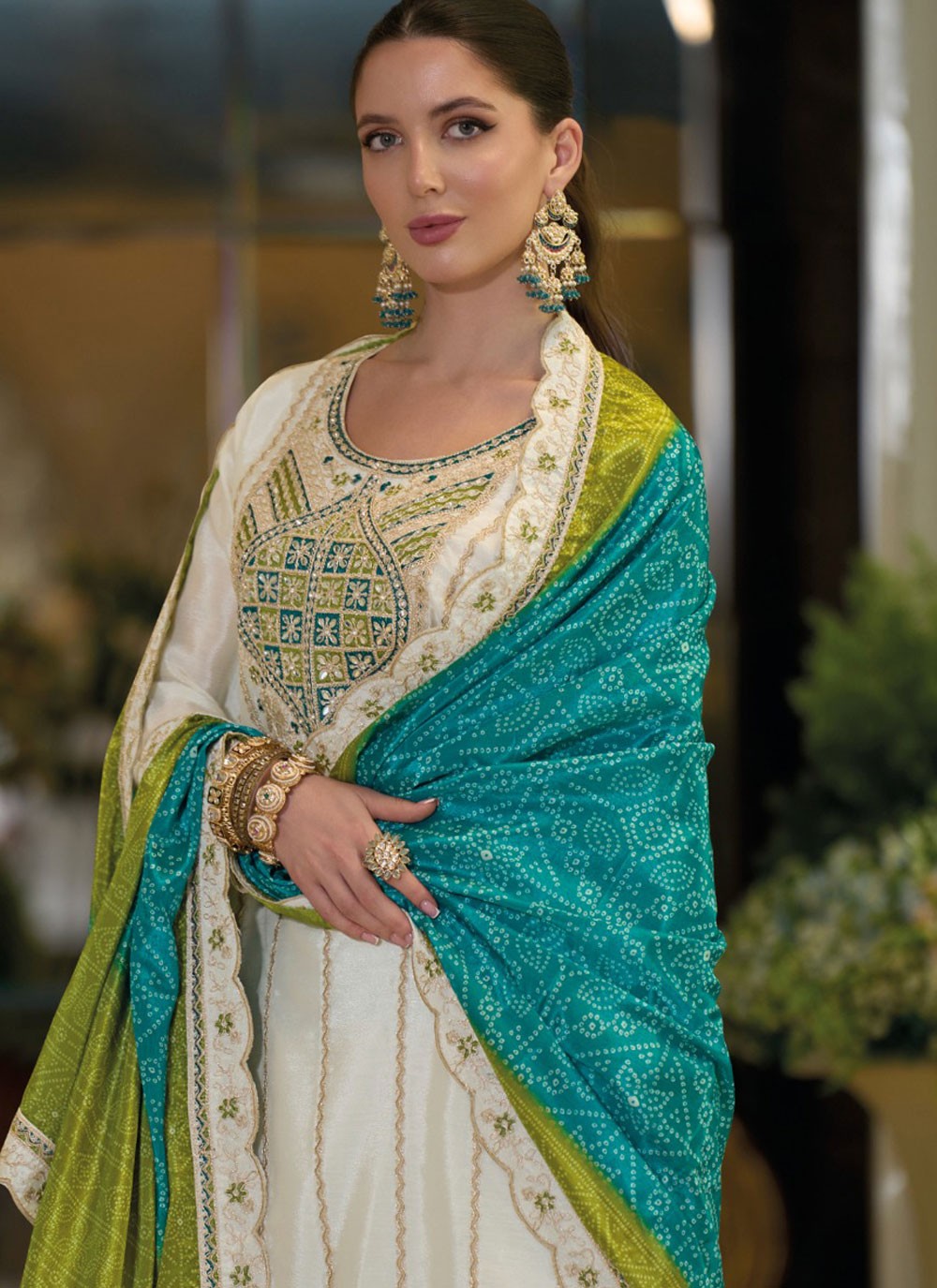 Palazzo Suit Embroidered, Stones, Zari White T6766