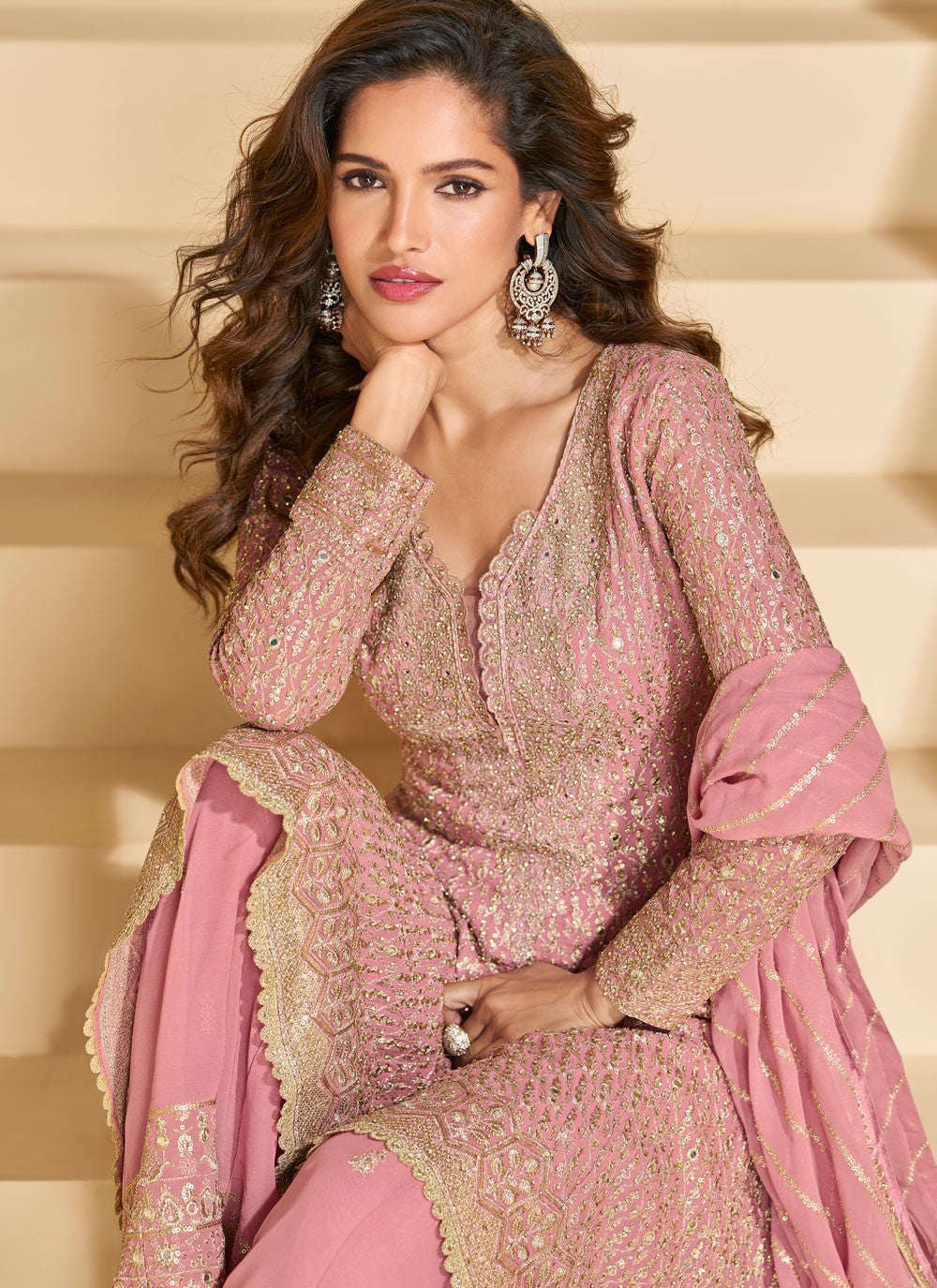 Embroidered Georgette Pink Palazzo Suit T6466