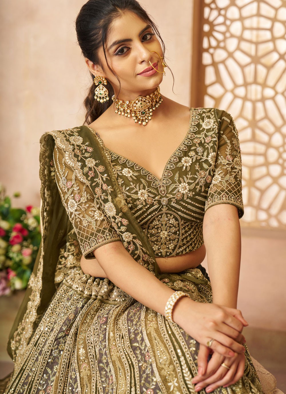 Embroidered Net Green A - Line Lehenga L3796